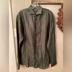 TIGER OF SWEDEN 41 16 GREEN LINEN FARRELL 5 SLIM FIT BUTTON UP SHIRT